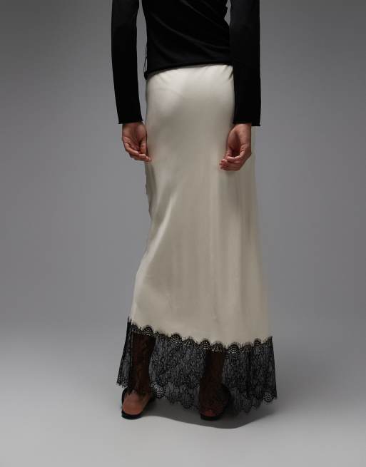 ASOS DESIGN - Jupe mi-longue satinée coupée en biais avec bord en dentelle - Écru, 2 de 5