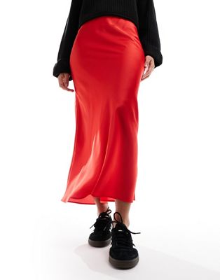 ASOS DESIGN satin bias midi skirt in red - ASOS Price Checker