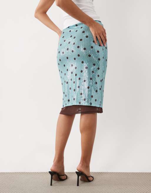 ASOS DESIGN jupe midi imprimée à sequins turquoise et chocolat à pois, 4 de 5