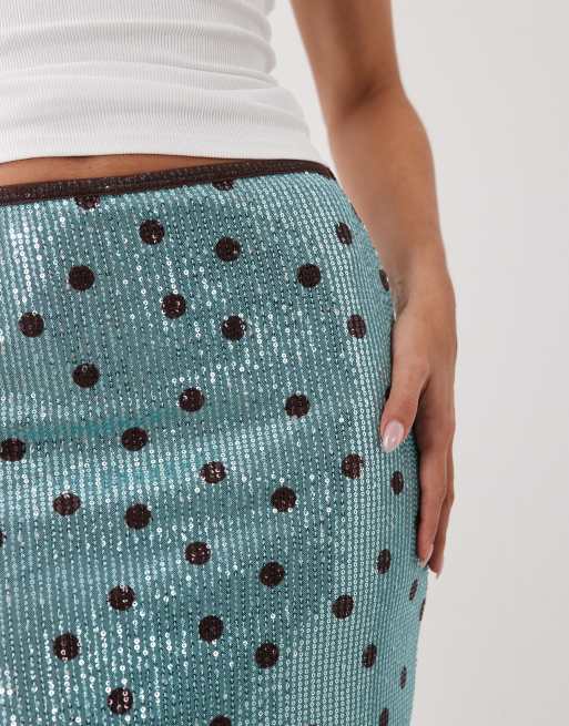 ASOS DESIGN jupe midi imprimée à sequins turquoise et chocolat à pois, 5 de 5