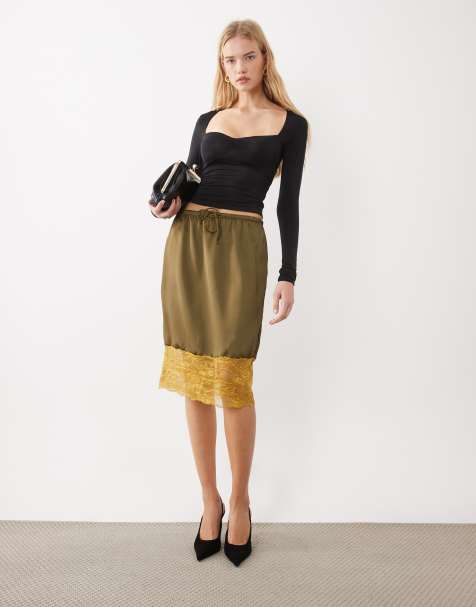 ASOS DESIGN jupe midi nuisette en satin années 90 kaki et ocre avec bordure en dentelle - view 1