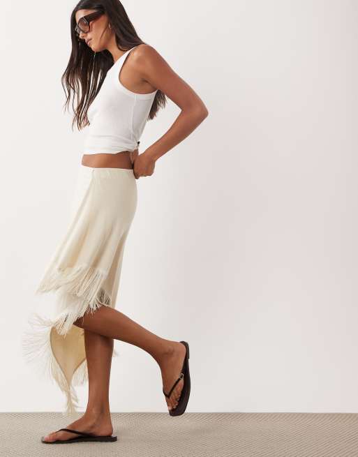 ASOS DESIGN jupe midi paréo en maille à franges crème, 3 de 5