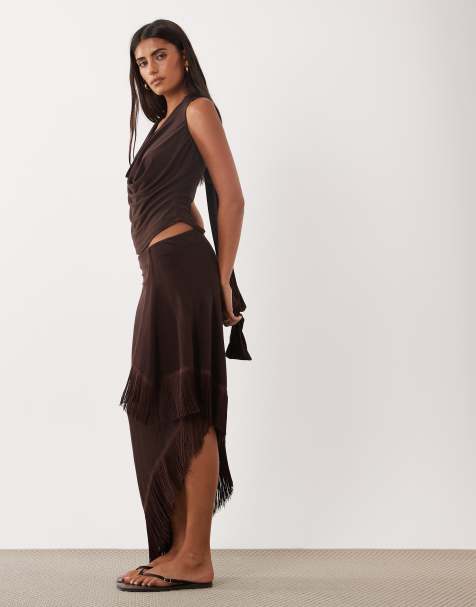 ASOS DESIGN jupe midi paréo en maille à franges marron - view 1