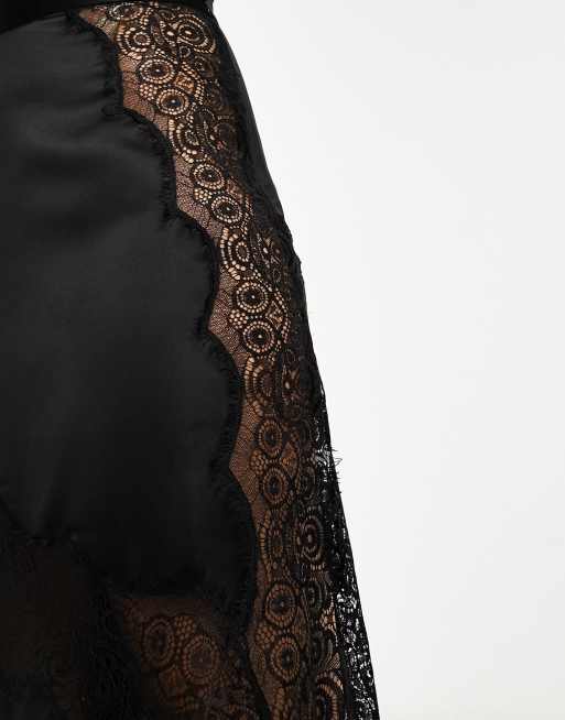 ASOS DESIGN - Jupe nuisette mi-longue en satin à empiècements en dentelle - Noir, 3 de 4