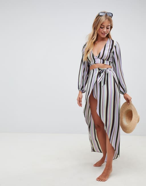 ASOS DESIGN - Ensemble de plage rayé avec top manches longues à décolleté plongeant et jupe portefeuille, 3 de 3