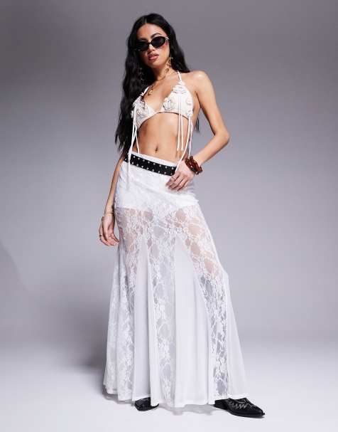 ASOS DESIGN - Jupe transparente à godets longue en dentelle - Ivoire - view 1