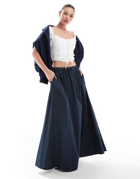 ASOS DESIGN - Jupe trapèze mi-longue à rayures avec liens à la taille - Bleu marine - view 1