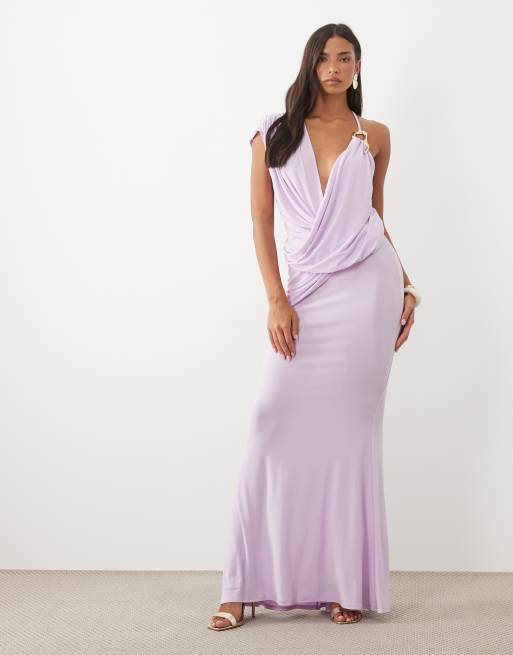 ASOS DESIGN jurk met blote schouder en gedrapeerde details met hardware in lila, 2 van 4