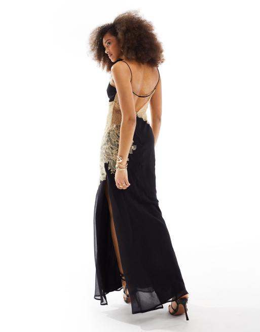 ASOS DESIGN - Jurk met chiffonkant en maxirok met schuine snit in zwart, 2 van 4