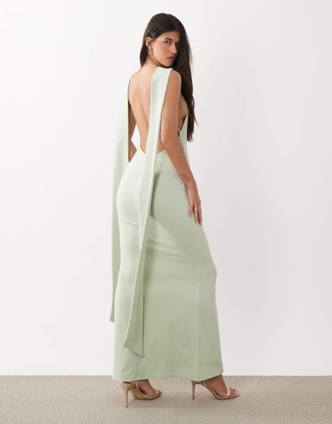 ASOS DESIGN - Jurk met diepuitgesneden achterkant en sjaaldetail in saliegroen - view 1