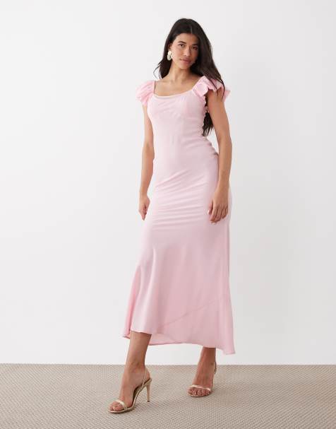 ASOS DESIGN jurk met dubbele laag, ruchesmouwen en maxi-lengte in lichtroze - view 1