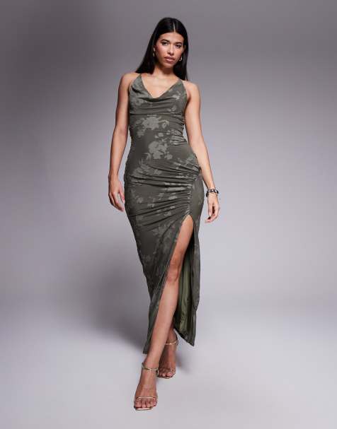 ASOS DESIGN - Jurk met gedrapeerde halternek, gouden details op de rug en burn-out in kaki - view 1