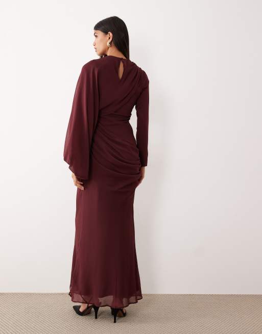 ASOS DESIGN - Jurk met gedrapeerde voorkant en blousonmouwen in bordeauxrood, 2 van 4