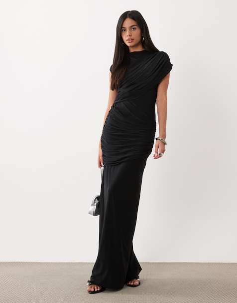 ASOS DESIGN jurk met kapmouwtjes, gerimpeld, maxi, zwart - view 1