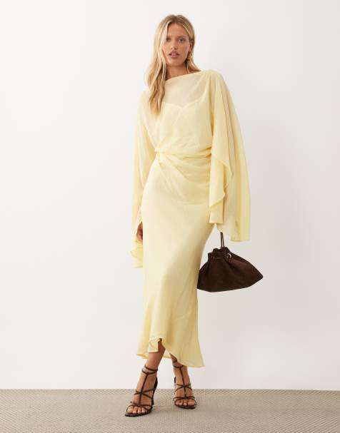 ASOS DESIGN jurk met kimonomouwen, capedetail, gedrapeerd, midaxi, open rug in buttermilk - view 1