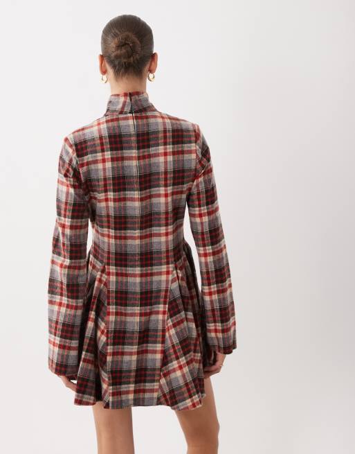 ASOS DESIGN jurk met opstaande hals, getailleerd, godet, mini, in rood geruit, 4 van 4