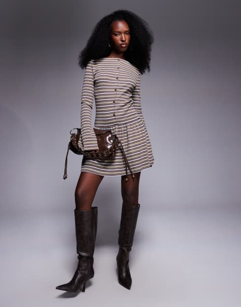 ASOS DESIGN - Jurk met strepen, verlaagde taille en knoopsluiting in bruin - view 1