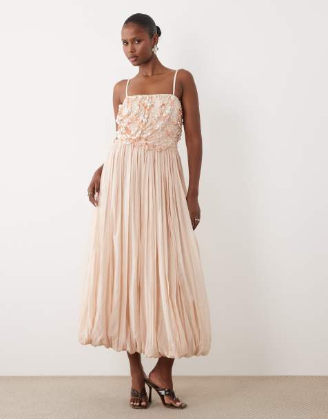 ASOS DESIGN jurk met versierde lijfje, midaxi-lengte en bubbelrok in zachtroze - view 1