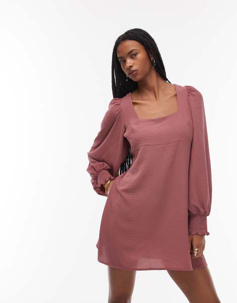 ASOS DESIGN - Jurk met vierkante hals, lange mouwen en gestrikte achterkant in roze - view 1