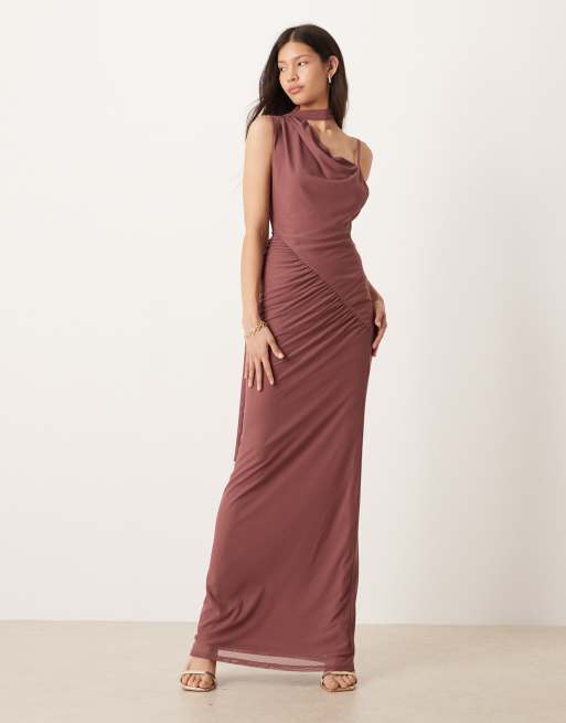 ASOS DESIGN - Jurk van mesh met overslag, blote schouder en sjaal in oudroze, 2 van 4