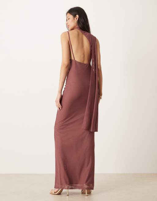 ASOS DESIGN - Jurk van mesh met overslag, blote schouder en sjaal in oudroze, 3 van 4