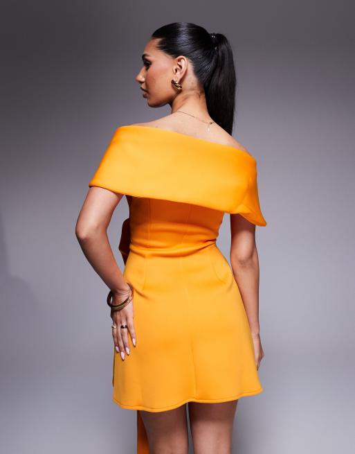 ASOS DESIGN just off the shoulder scuba mini dress with manipulated front detailing and a-line skirt in orange