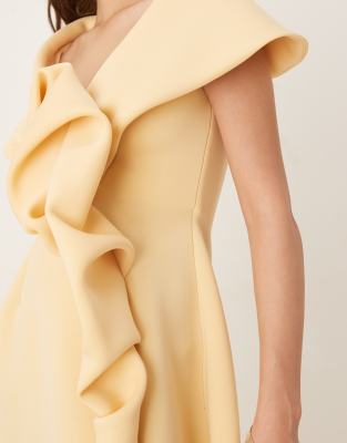 ASOS DESIGN JUST OFF THE SHOULDER SCUBA MINI DRESS WITH MANIPULATED FRONT DETAILING AND A-LINE SKIRT 