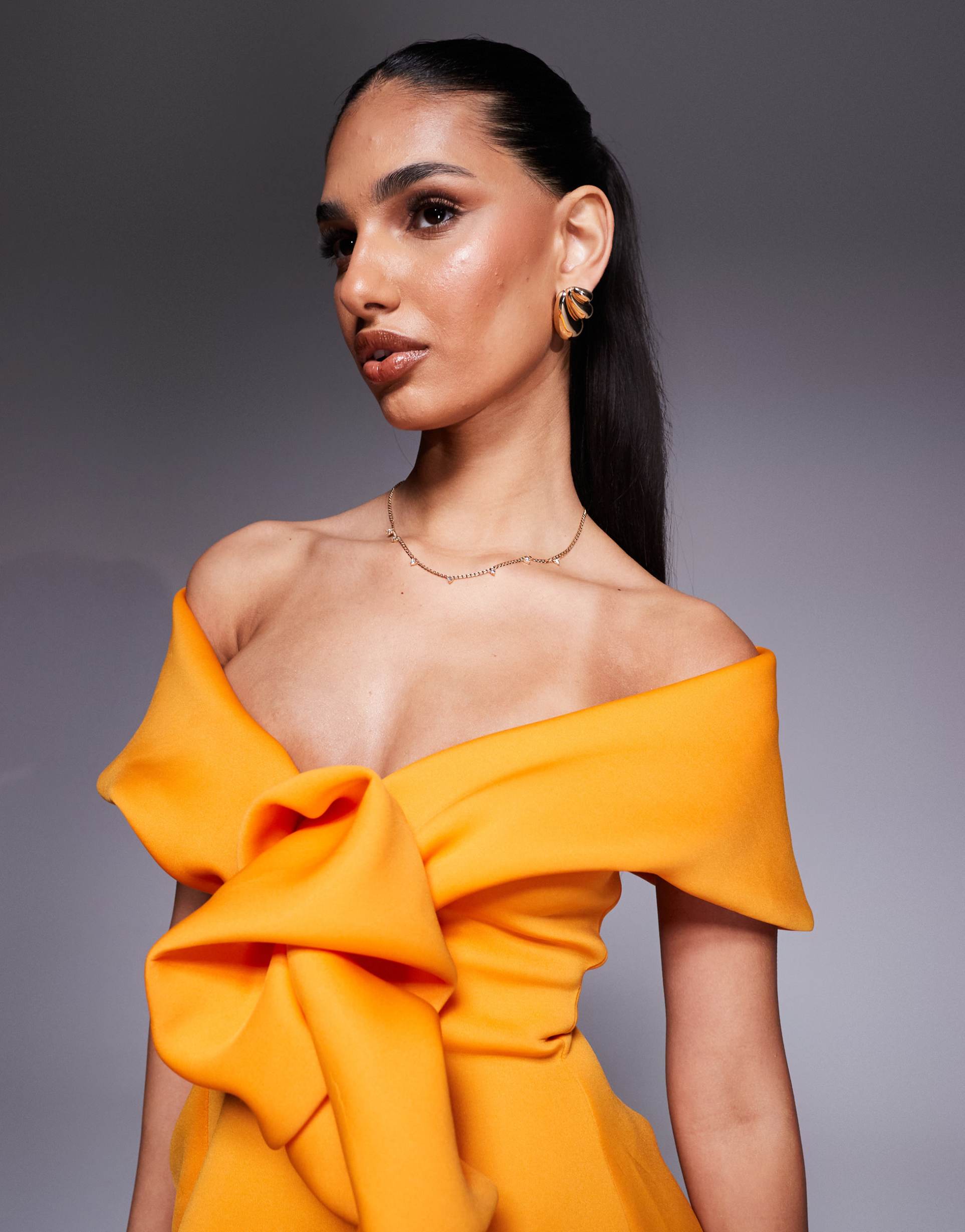 asos design just off the shoulder scuba mini dress with manipulated front detailing and a-line skirt in orange
