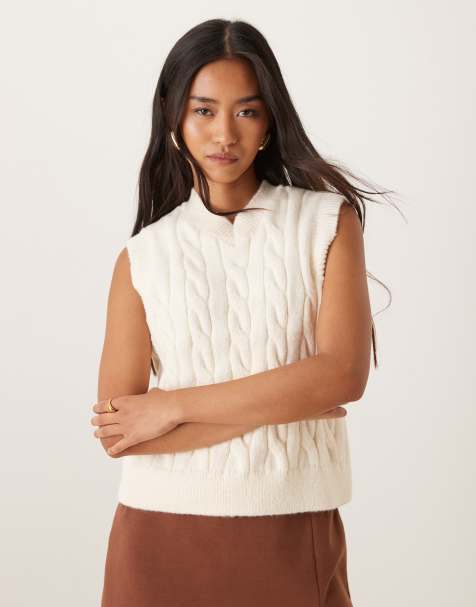 ASOS DESIGN - Kabelgebreide tanktop met hoge V-hals in ecru - view 1