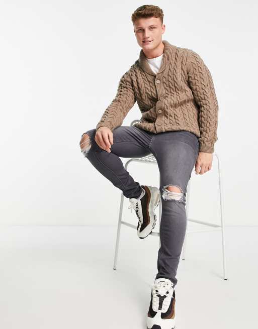 ASOS DESIGN - Kabelstrikket sjalscardigan i brun
