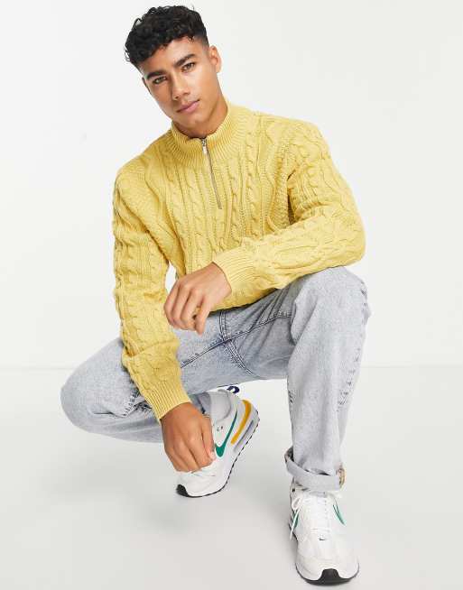 ASOS DESIGN - Kabeltrui met halve rits in mosterdgeel