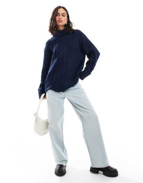 ASOS DESIGN - Kabeltrui met hoge hals in marineblauw - view 1
