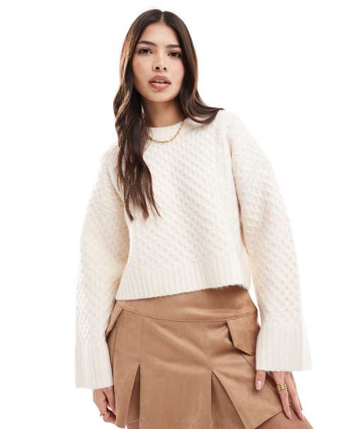 ASOS DESIGN - Kabeltrui met ronde hals en wijde manchetten in crème - view 1