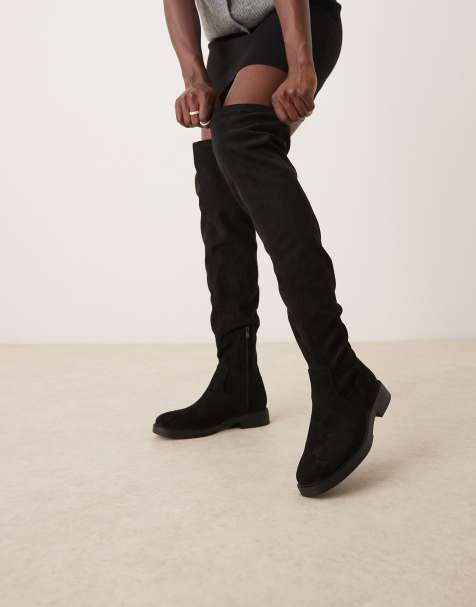 ASOS DESIGN Kacey smart flat over the knee boots in black suedette - view 1