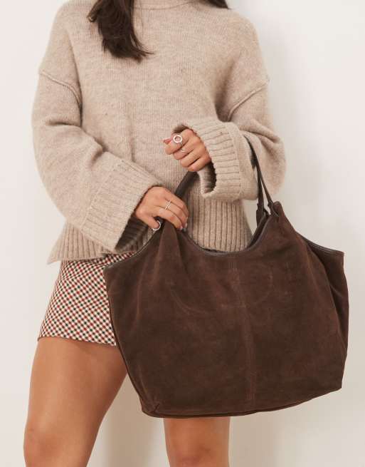 ASOS DESIGN - Kaffebrun tote-taske med samlede hanke i ruskind, 3 af 4