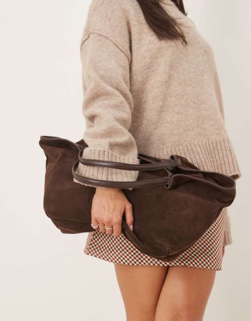 ASOS DESIGN - Kaffebrun tote-taske med samlede hanke i ruskind, 4 af 4
