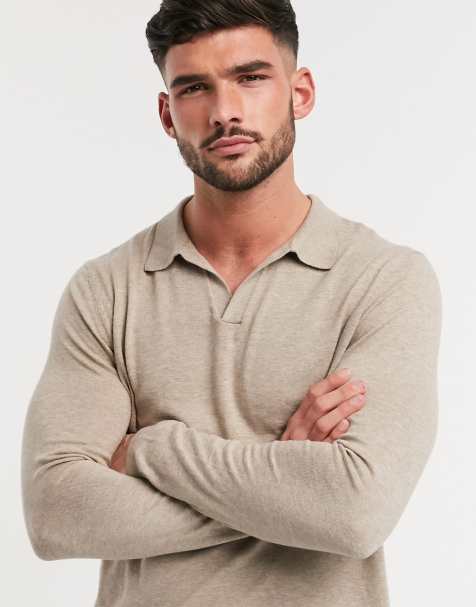 ASOS DESIGN – Kaffefärgad stickad pikétröja med platt krage och lång ärm - view 1