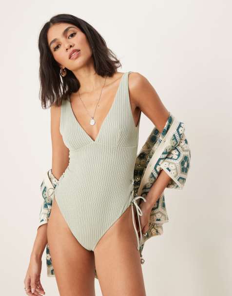 ASOS DESIGN - Kai - Costume da bagno verde salvia testurizzato con allacciatura laterale e finiture con perle - view 1