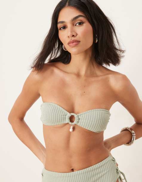ASOS DESIGN Kai textured bandeau bikini top with pearl trim in sage