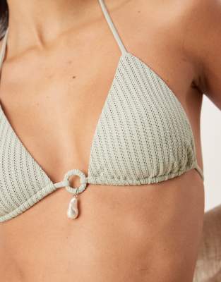 Asos Design Kai Textured High Apex Triangle Bikini Top With Pearl Trim In Green