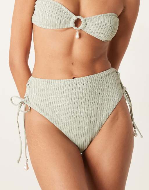ASOS DESIGN Kai textured tie up side high leg high waist bikini bottoms with pearl trim in sage