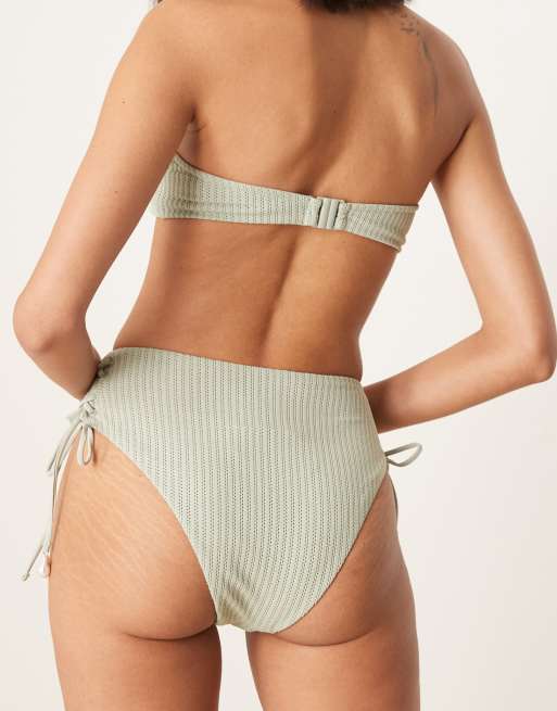ASOS DESIGN Kai textured tie up high leg high waist bikini bottom with pearl trim in sage, 3 of 4