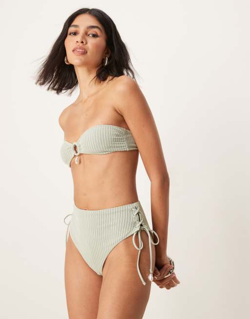 ASOS DESIGN Kai textured tie up side high leg high waist bikini bottoms with pearl trim in sage