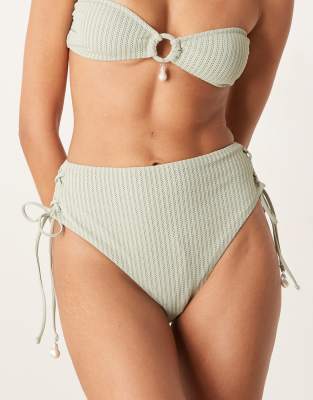 Asos Design Kai Textured Tie Up Side High Leg High Waist Bikini Bottoms With Pearl Trim In Green