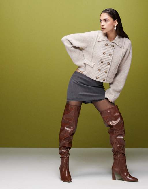 ASOS DESIGN – Kaia – Jasnobrązowe marszczone kozaki za kolano na obcasie klockowym