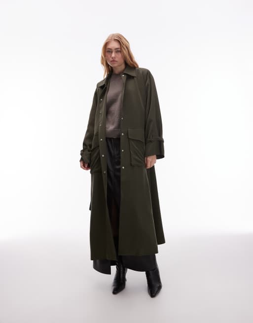 ASOS DESIGN - Kaki-farvet og longline trenchcoat med utility-detaljer og bælte, 3 af 4