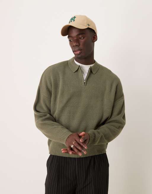 ASOS DESIGN - Kaki-farvet og oversized polotrøje med firkantet pasform og lynlås i halsen i strik