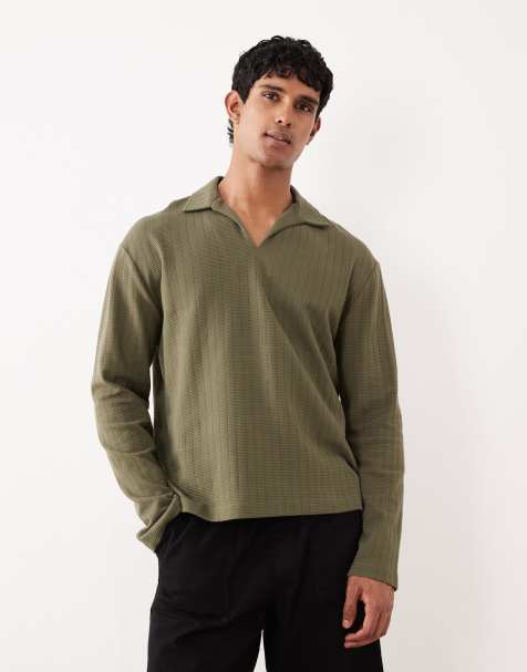 ASOS DESIGN - Kaki tekstureret afslappet polo med lange ærmer - view 1