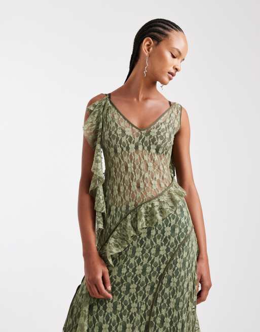 ASOS DESIGN – Kakifärgad, asymmetrisk maxiklänning i skir spets med detaljer och synliga sömmar, 3 av 5