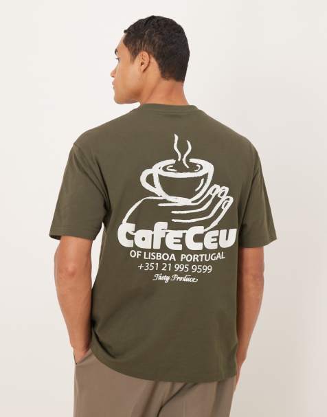ASOS DESIGN – Kakifärgad, avslappnad t-shirt med kaffetryck - view 1